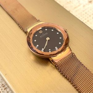 Skagen Rose Gold Copper Mesh Danish Modern Crystal Wrist Watch